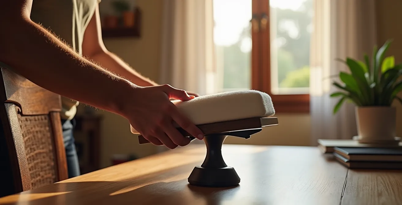 Vista amplia de espacio de trabajo con soluciones de adaptación ergonómica caseras