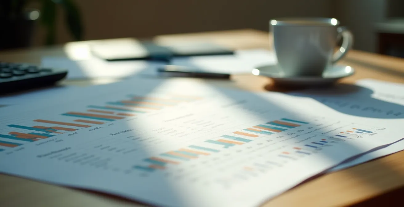 Vista angular de escritorio con papeles de análisis de consumo eléctrico y calculadora, sin pantallas legibles