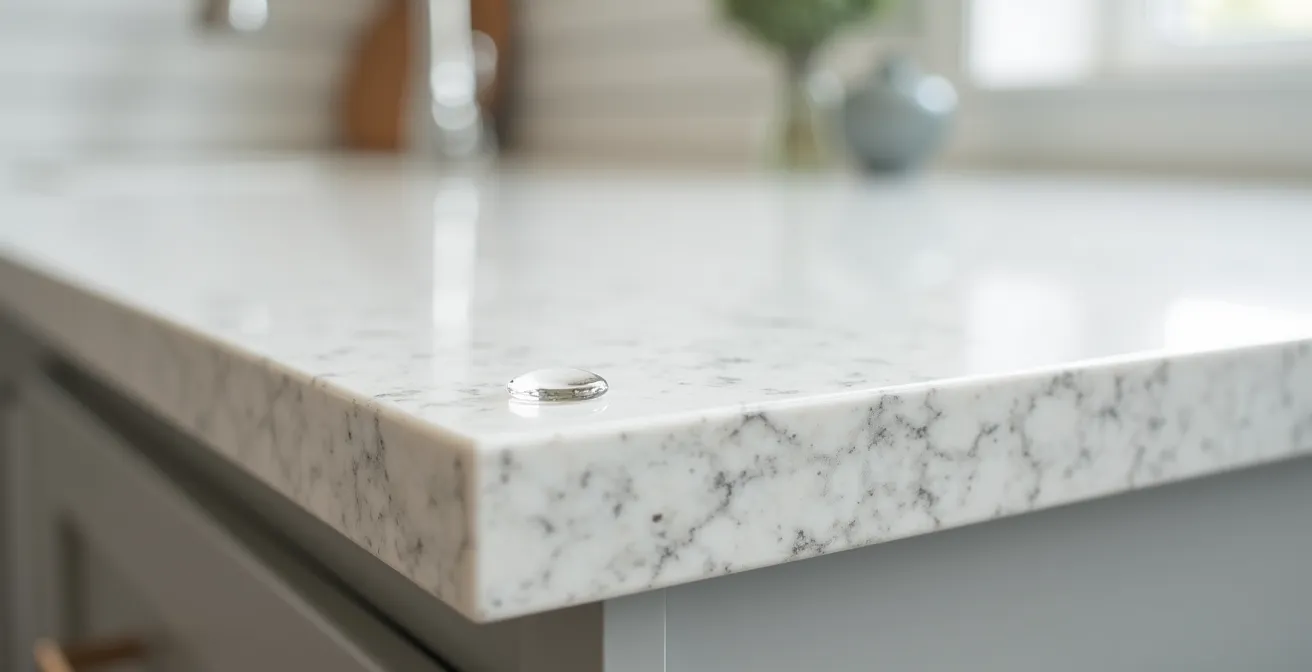 Vista macro de detalle de encimera de cocina renovada con acabados modernos