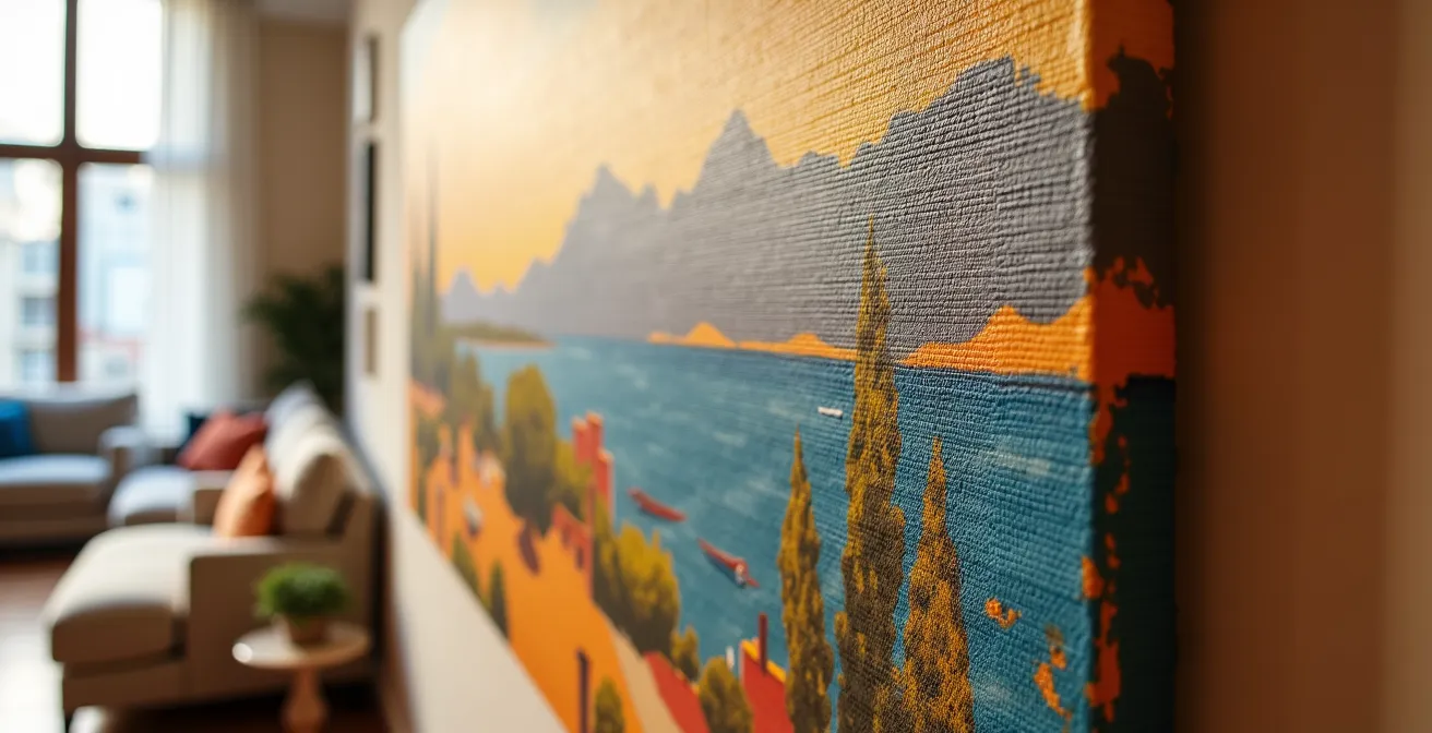 Obra de artista emergente español en un salón contemporáneo