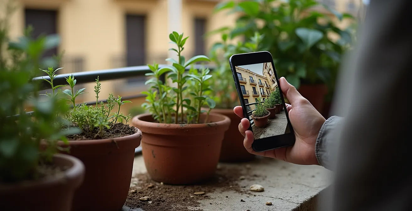 Contraste entre expectativa idealizada y realidad de huerto urbano abandonado en una terraza española.