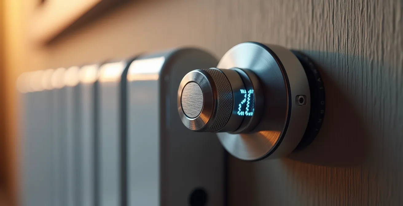 Detalle macro de cabezal termostático inteligente instalado en radiador de aluminio