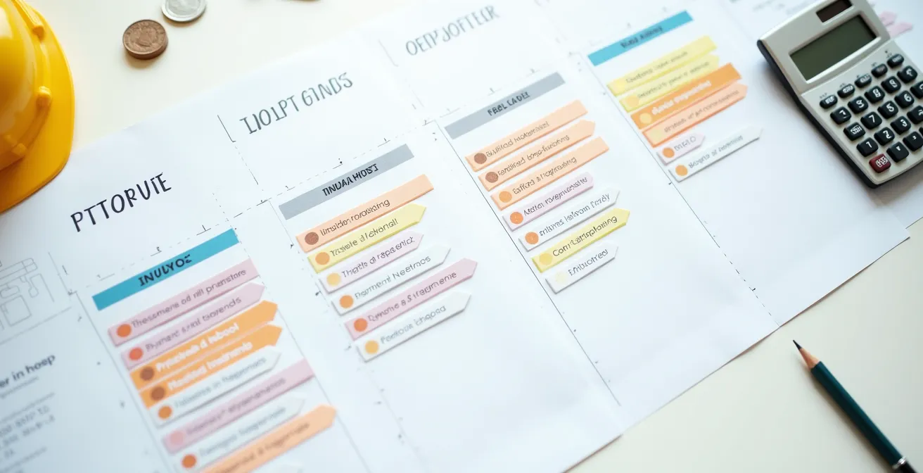 Vista cenital de mesa con calendario de obra y documentos de pago organizados por fases