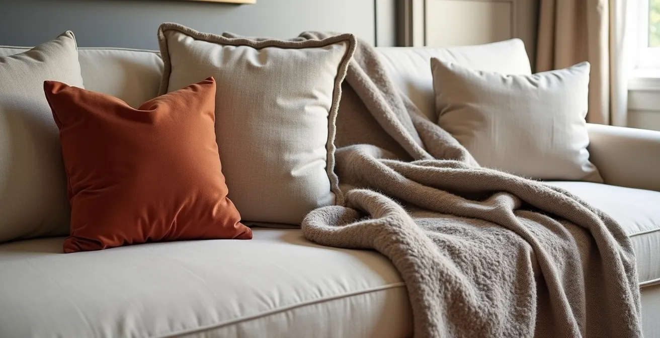 Sofá con superposición armoniosa de cojines de lino, mantas de lana y texturas variadas en paleta neutra
