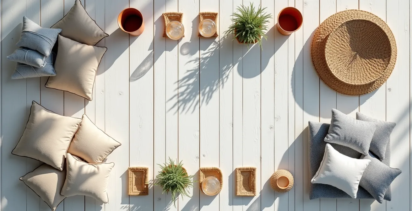 Composición de 15 accesorios esenciales para terraza organizados por temporada