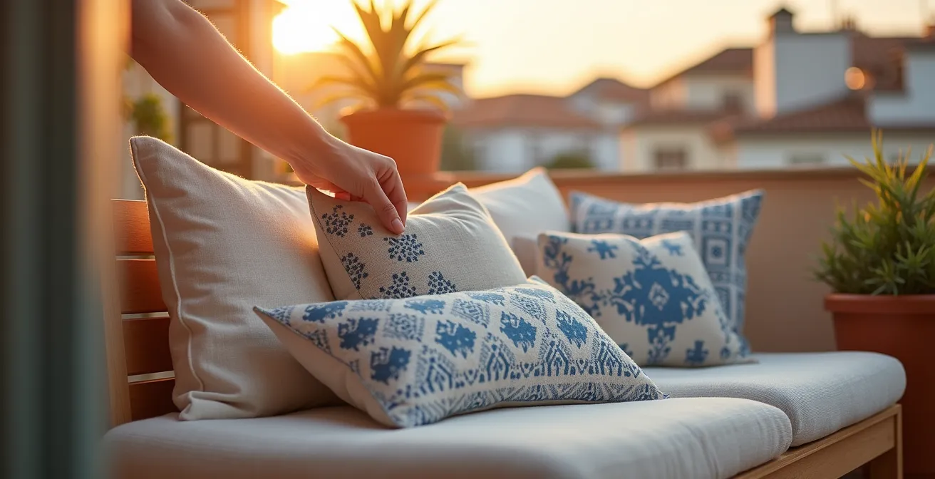 Terraza decorada con textiles coordinados estilo mediterráneo económico