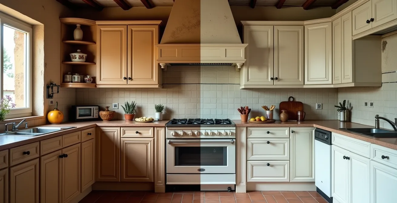 Comparación visual de cocina antes y después con cambios estratégicos