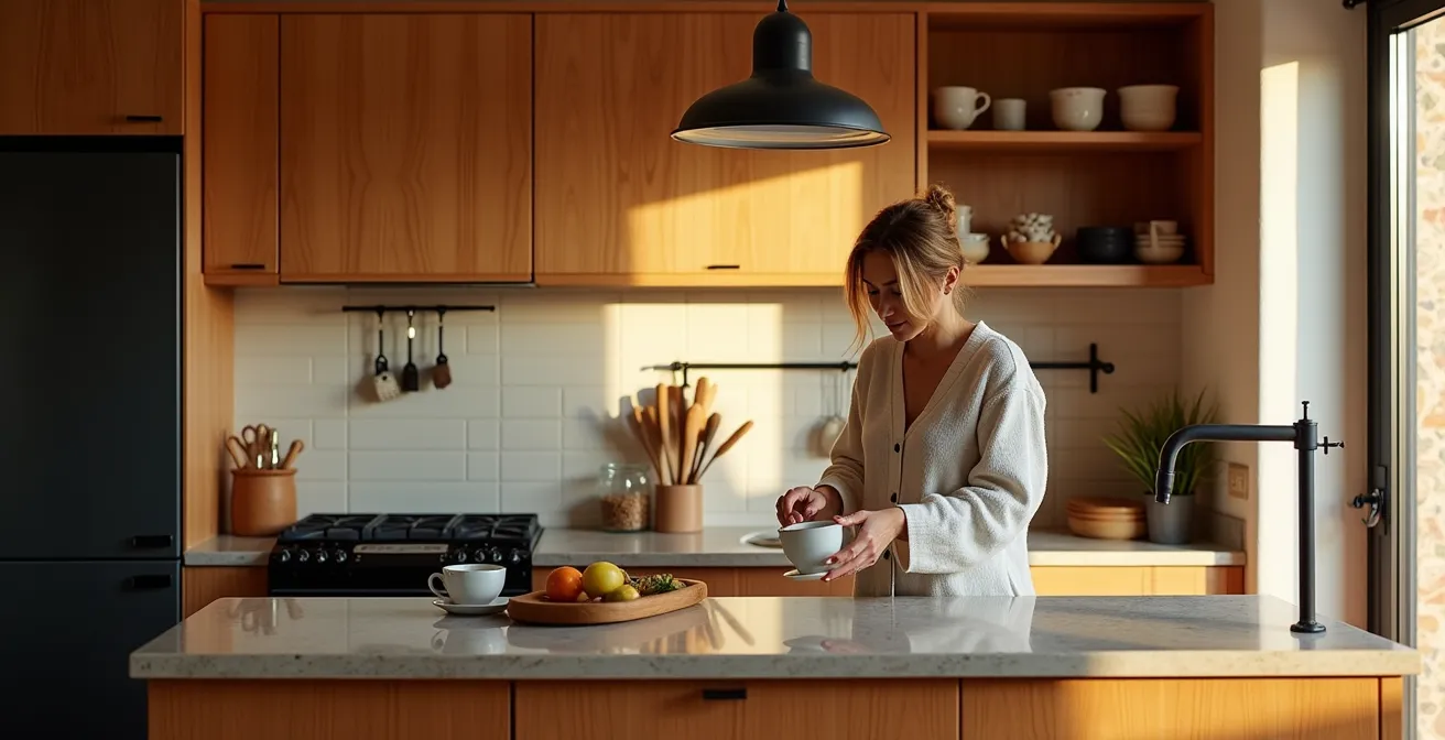 Cocina española moderna con balance entre acero negro mate y madera natural, mostrando la regla del 70-30
