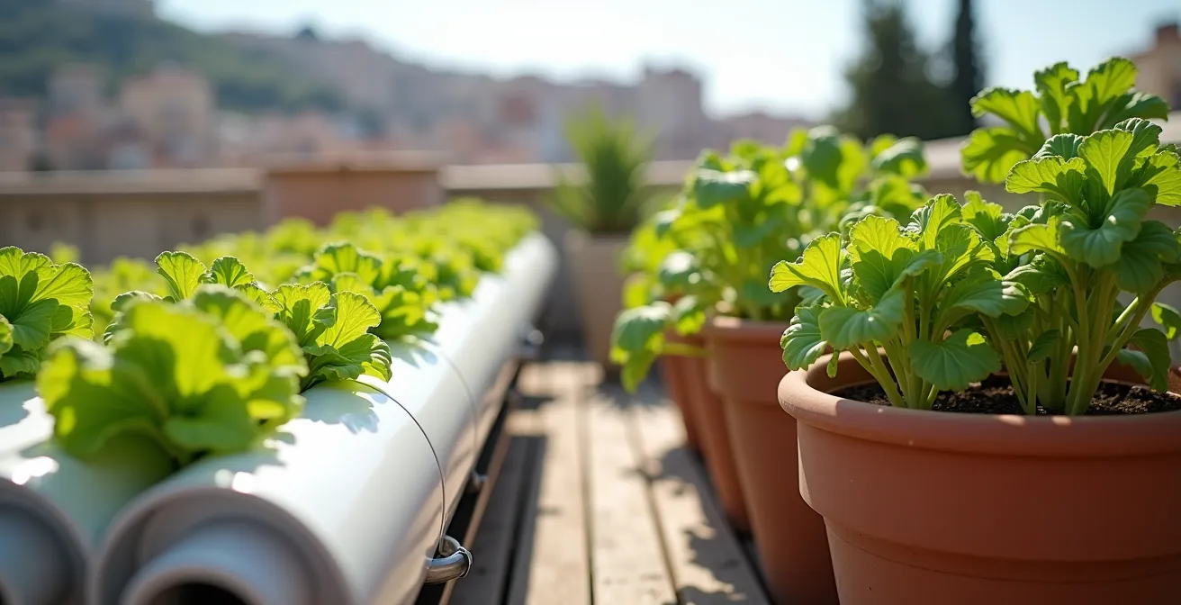 Sistema hidropónico vertical junto a macetas tradicionales en una terraza española, mostrando la diferencia de espacio y limpieza.
