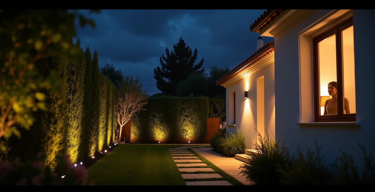 Comparación visual entre iluminación hacia arriba problemática y solución con luminarias apantalladas en jardín nocturno