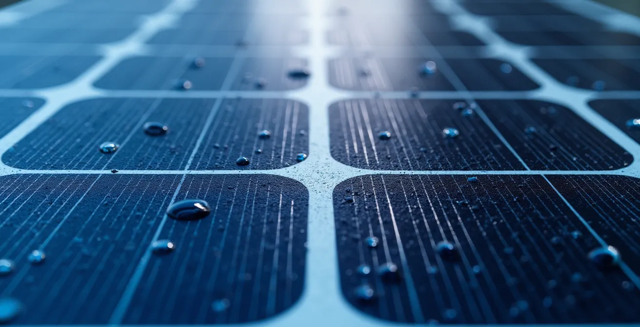 Fotografía macro comparativa de dos paneles solares mostrando diferencias en células fotovoltaicas y acabados