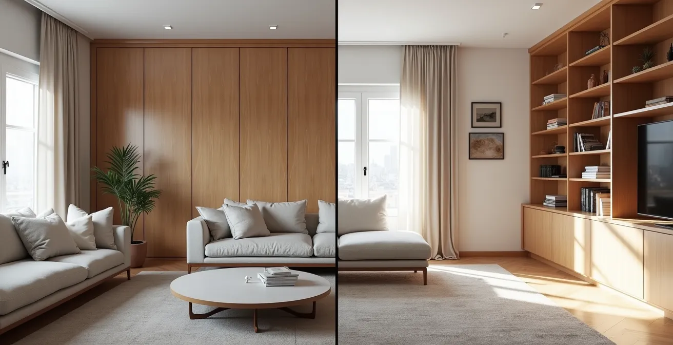 Comparación visual de dos salones idénticos, uno con muebles empotrados anticuados y otro con sistema modular contemporáneo