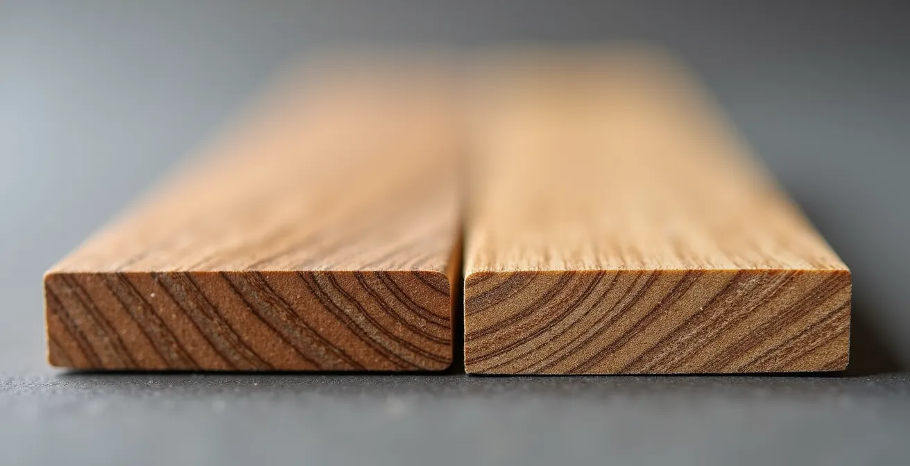 Detalle macro de veta continua en canto de roble macizo versus veta discontinua en chapa