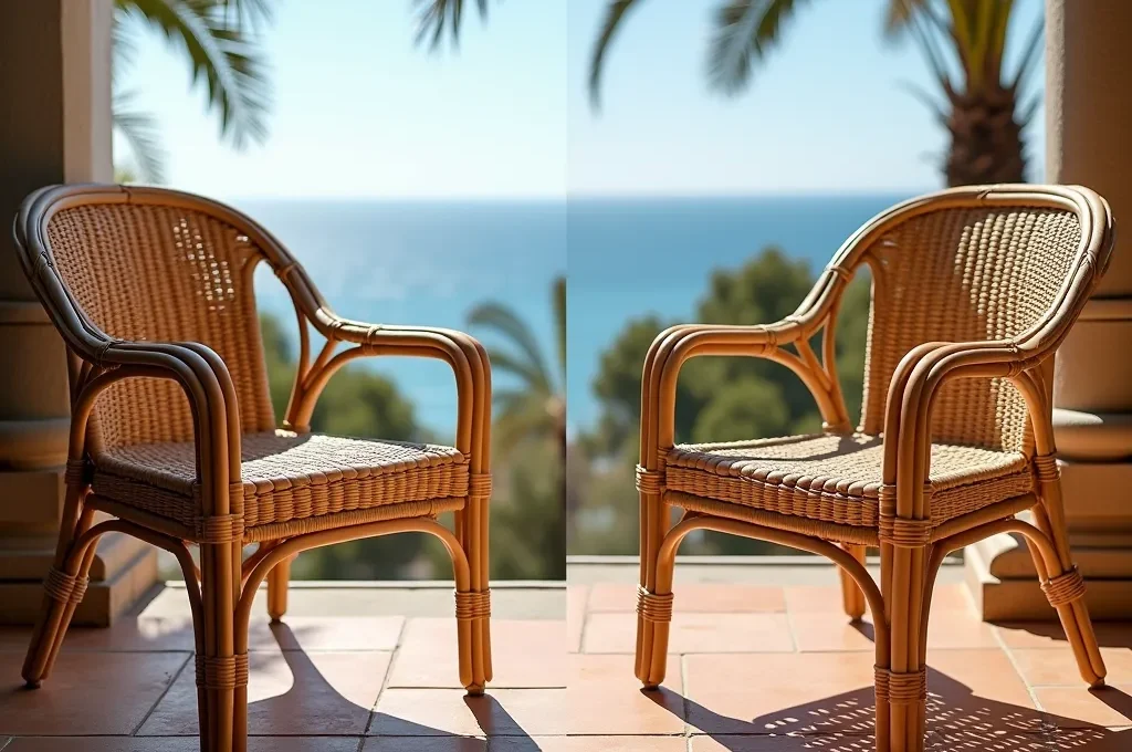 Muebles de ratán natural y sintético en terraza mediterránea soleada