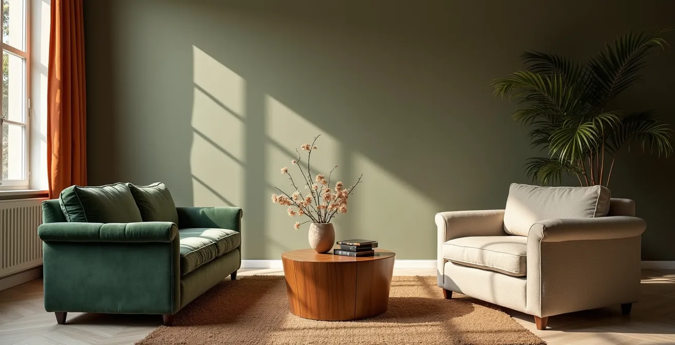 Salón mostrando la correcta separación entre sofá de terciopelo y elementos de lino para evitar fricción