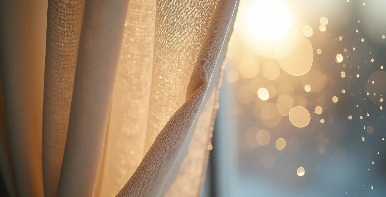 Cortina de lino grueso junto a ventana con condensación matinal