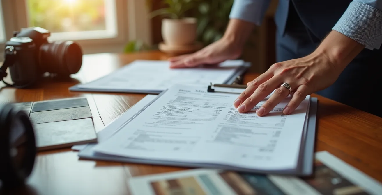 Mesa con documentos organizados de reforma incluyendo facturas, certificados, fotografías del antes y después, y garantías