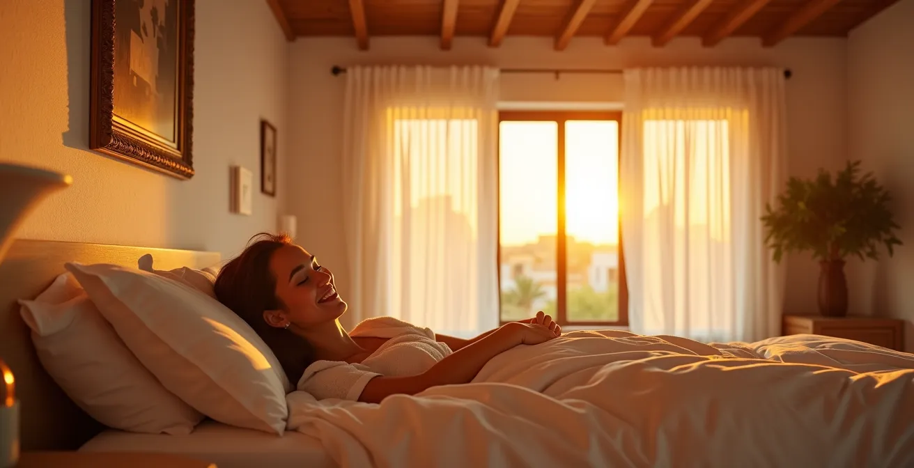 Dormitorio español al amanecer con luz cálida gradual y persianas abriéndose automáticamente