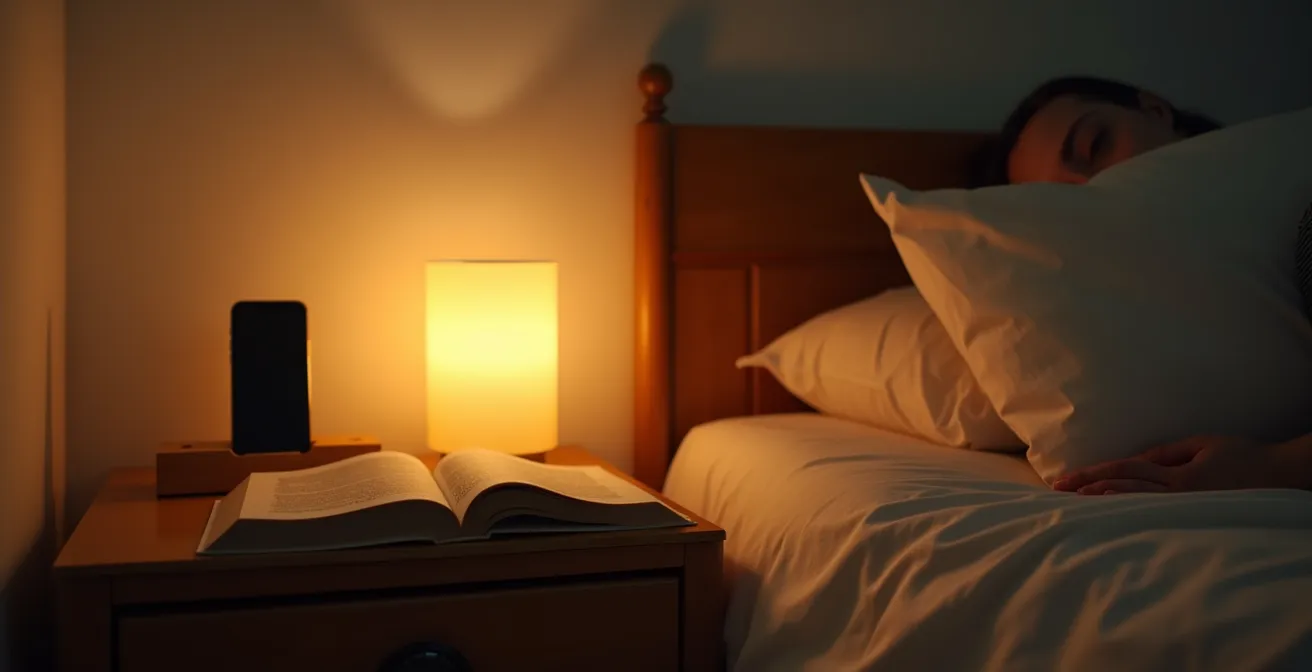 Dormitorio minimalista español con iluminación ámbar nocturna sin dispositivos electrónicos