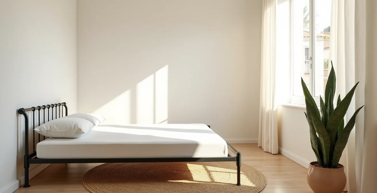 Dormitorio español con colchón de látex natural, paredes encaladas, textiles de lino y plantas purificadoras