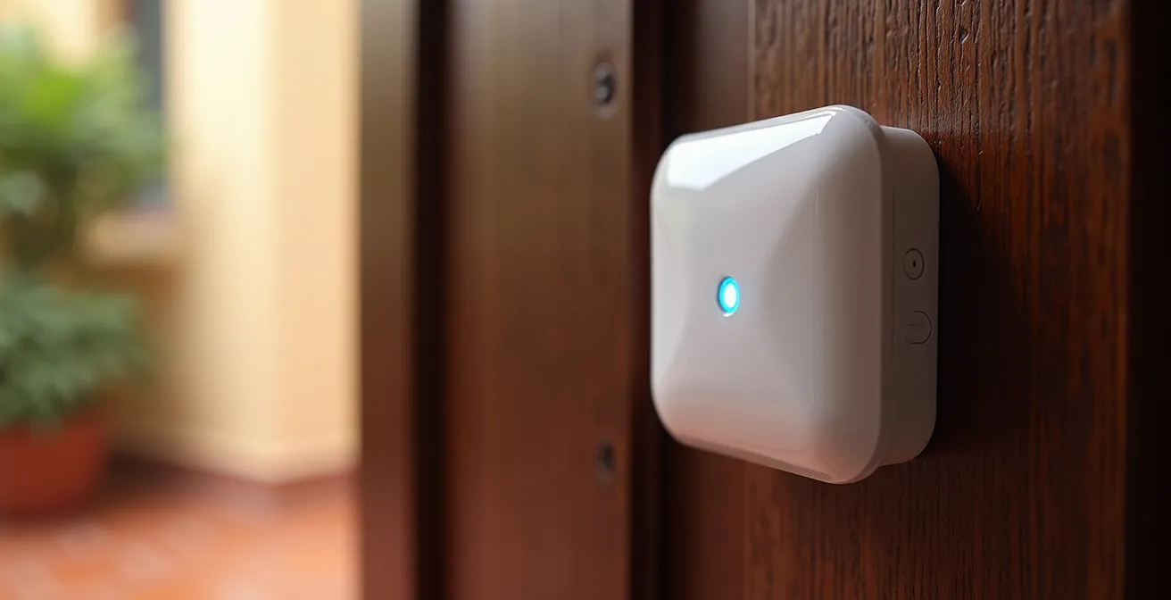 Detalle macro de sensores domóticos discretos instalados en una vivienda española respetando la privacidad familiar