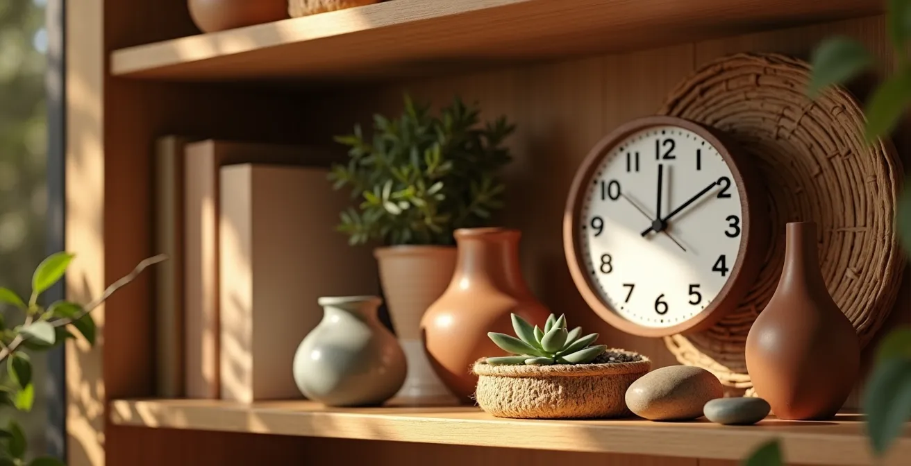 Estantería con objetos personales organizados por color y material