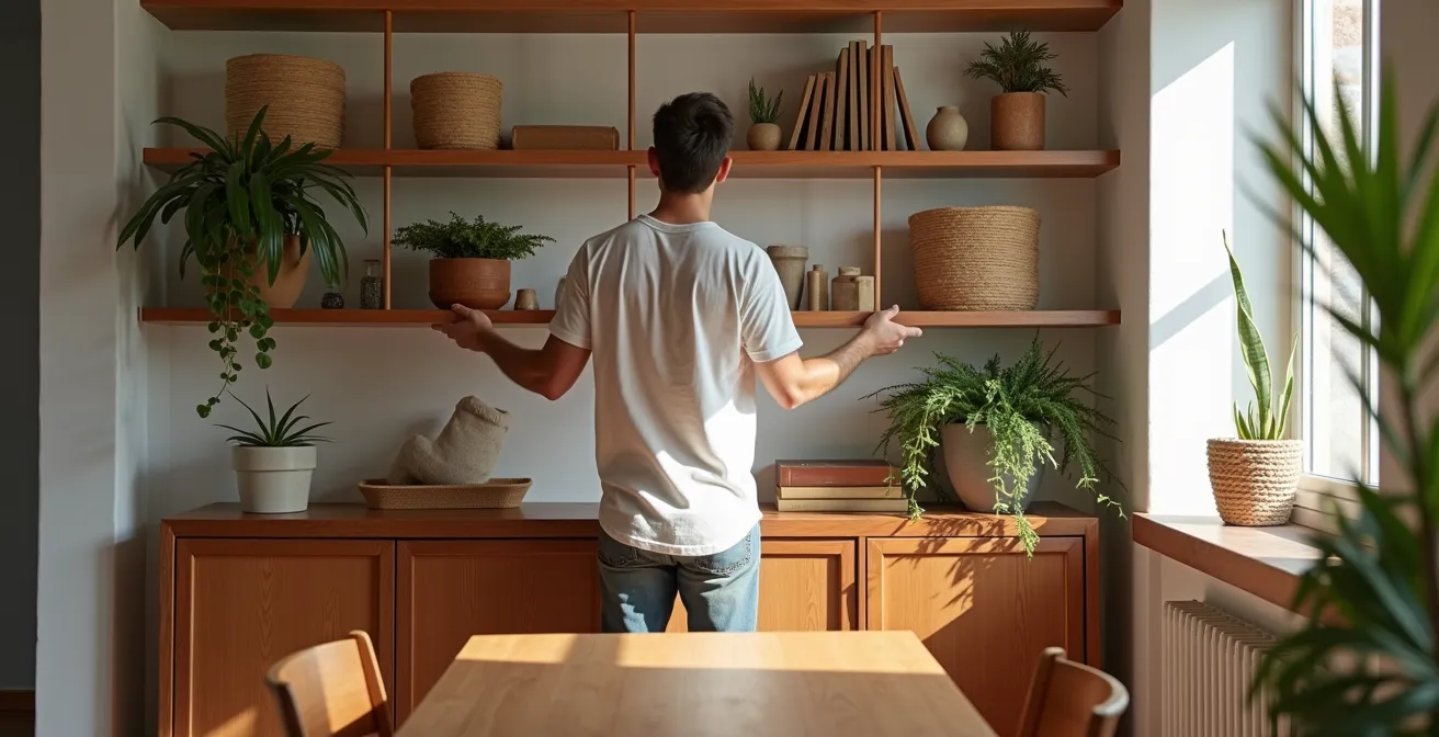 Salón español con equilibrio armonioso entre diferentes tipos de madera