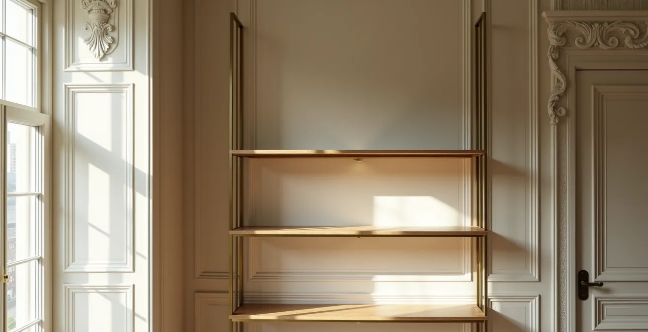 Estantería modular contemporánea con separación deliberada de molduras históricas