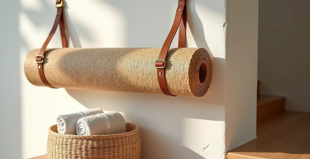 Esterilla de yoga colgada elegantemente en la pared con correas de cuero junto a un cesto de esparto artesanal
