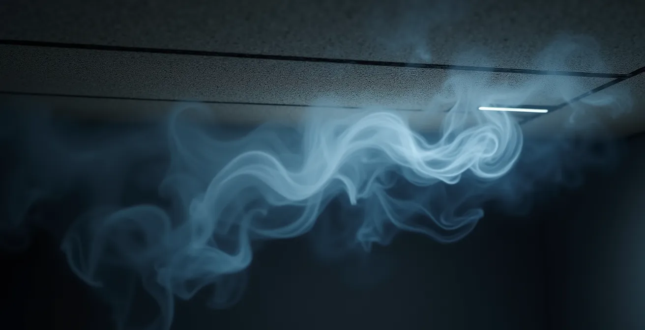 Sección lateral de habitación mostrando capas de aire caliente y posicionamiento de detectores