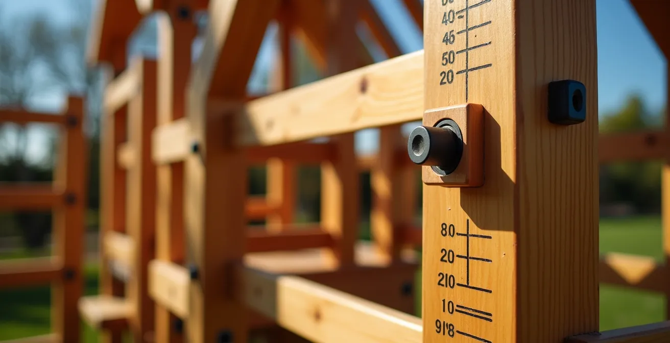 Estructura de juego modular de madera con diferentes niveles, mostrando su adaptabilidad según la edad en un jardín español.