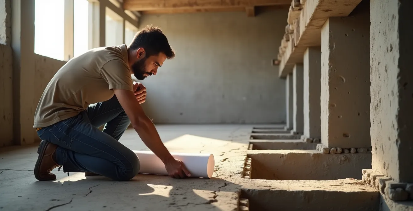 Arquitecto evaluando estructura de forjado en terraza con planos técnicos
