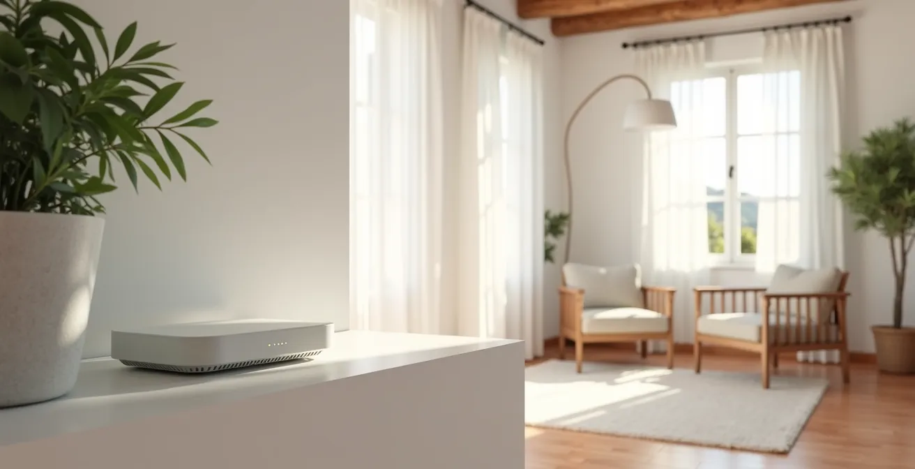 Vista minimalista de un centro de control domótico funcionando de forma autónoma en una casa española