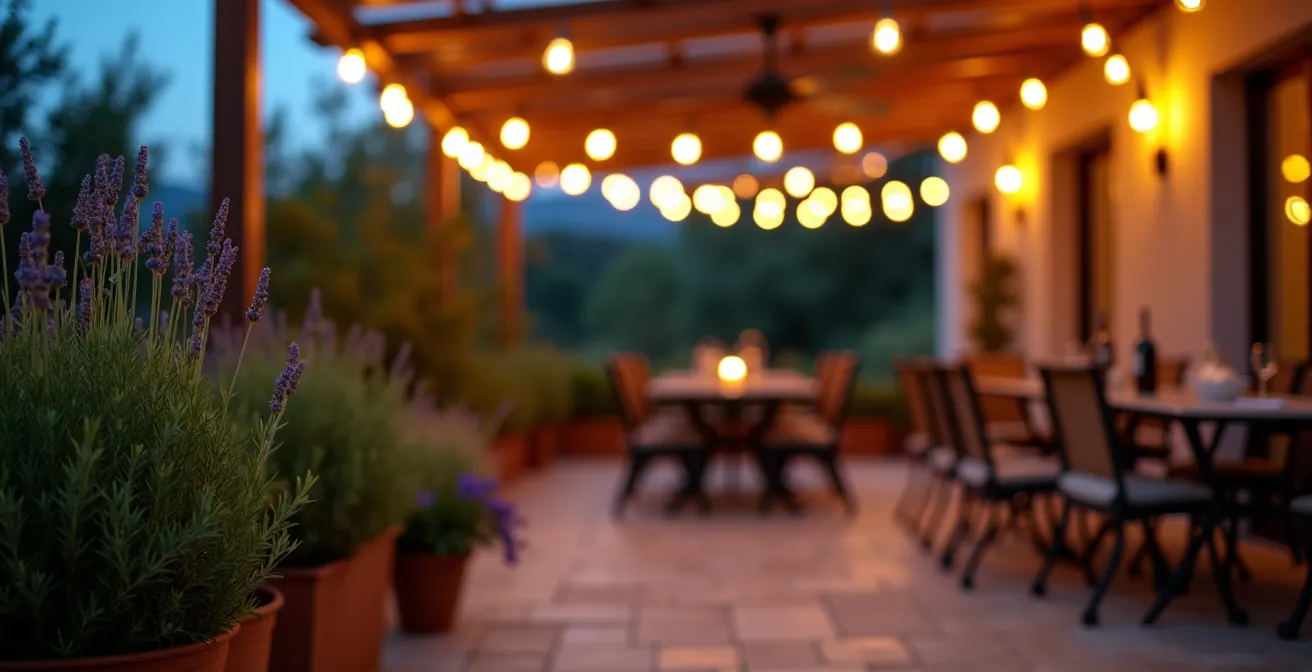 Sistema de iluminación LED cálida en terraza con plantas repelentes mediterráneas