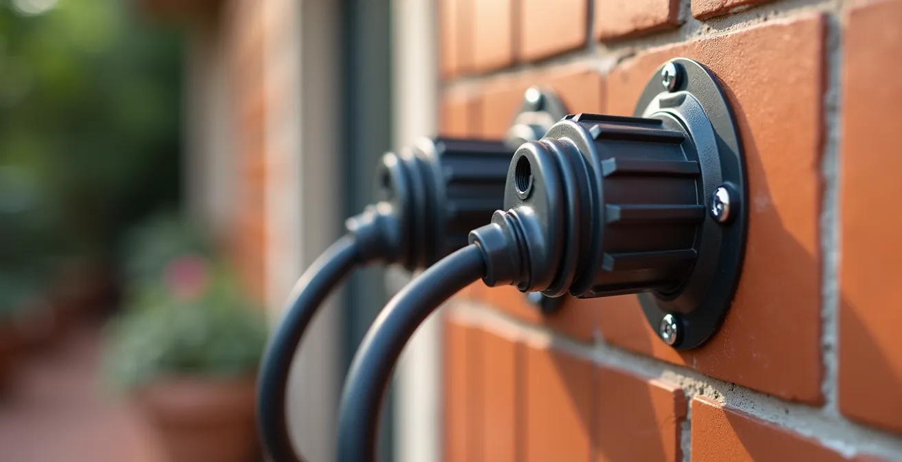 Detalle de instalación eléctrica exterior con tubos corrugados