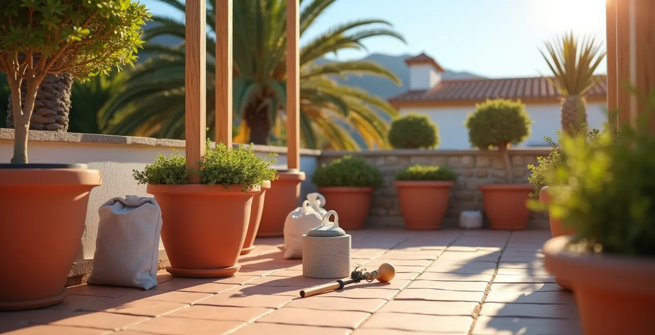 Mástiles portátiles con maceteros instalados en terraza española para colgar guirnaldas de luces