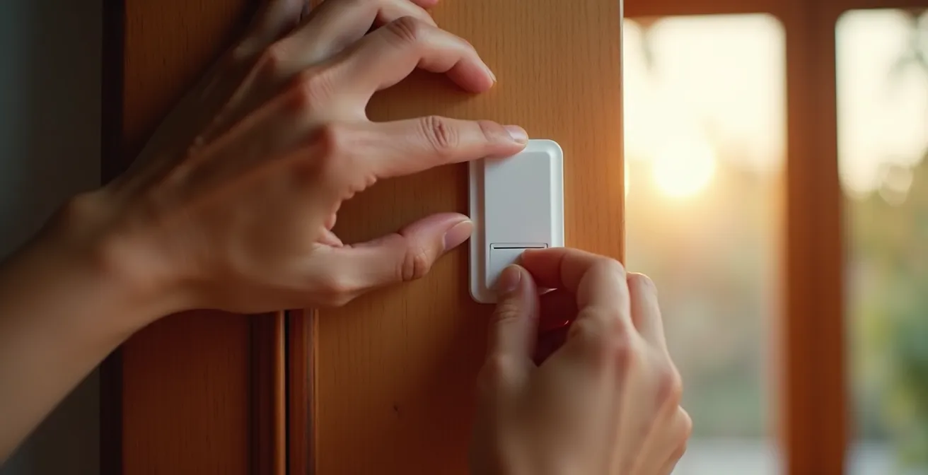 Manos instalando un sensor inteligente adhesivo en una puerta española sin necesidad de herramientas