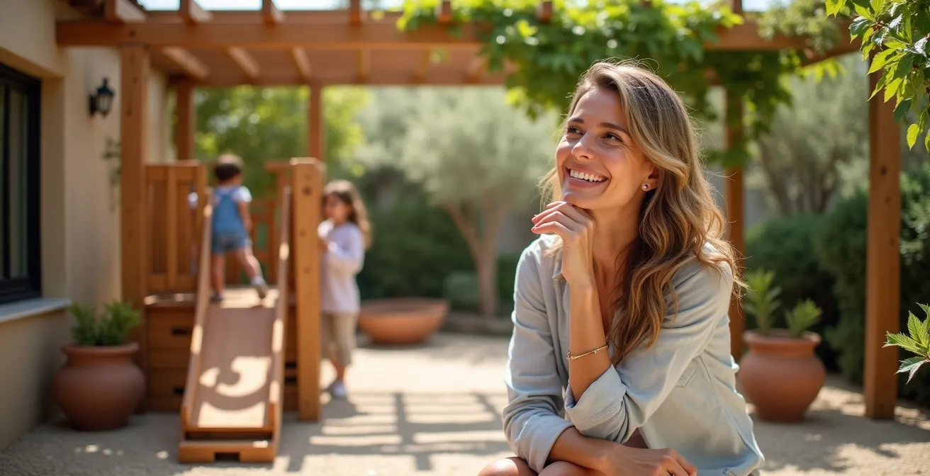 Área de juegos de madera integrada de forma natural en un jardín de estilo mediterráneo en España, con plantas trepadoras y una estética cuidada.