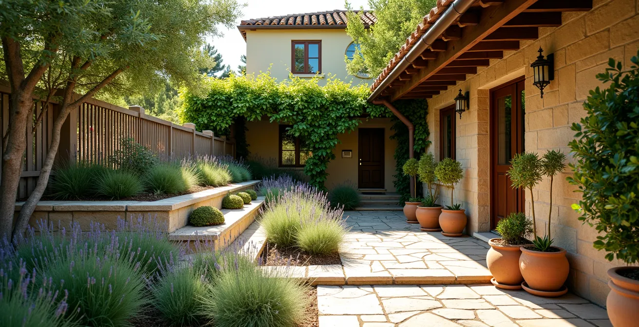 Vista lateral de jardín mediterráneo mostrando diferentes niveles de vegetación con lavanda en primer plano y pérgola con buganvilla al fondo