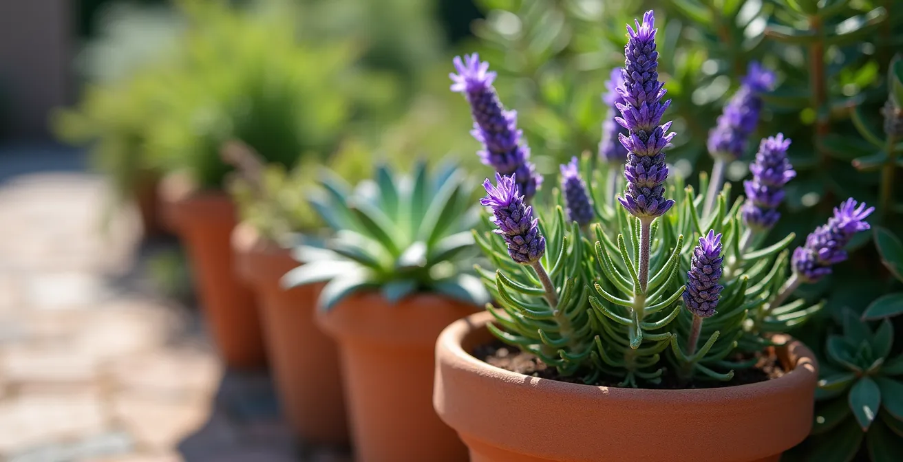 Jardín mediterráneo en terraza con plantas autóctonas de bajo mantenimiento y sistema de riego por goteo