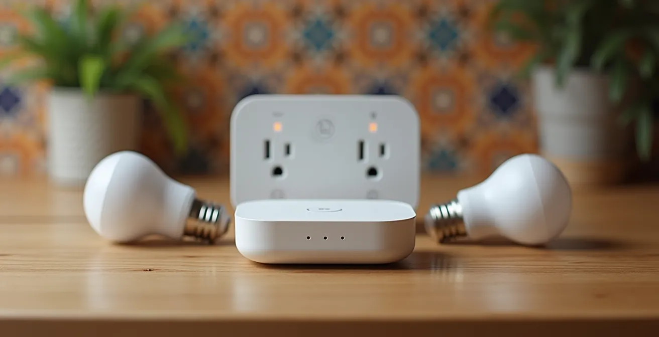 Mesa con dispositivos domóticos básicos organizados: enchufes inteligentes, bombillas LED y hub central en disposición minimalista