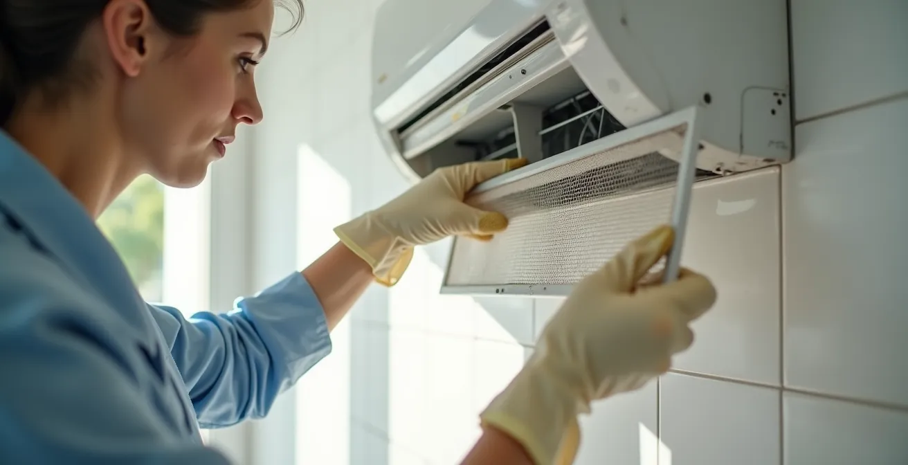 Manos con guantes limpiando filtro de aire acondicionado split