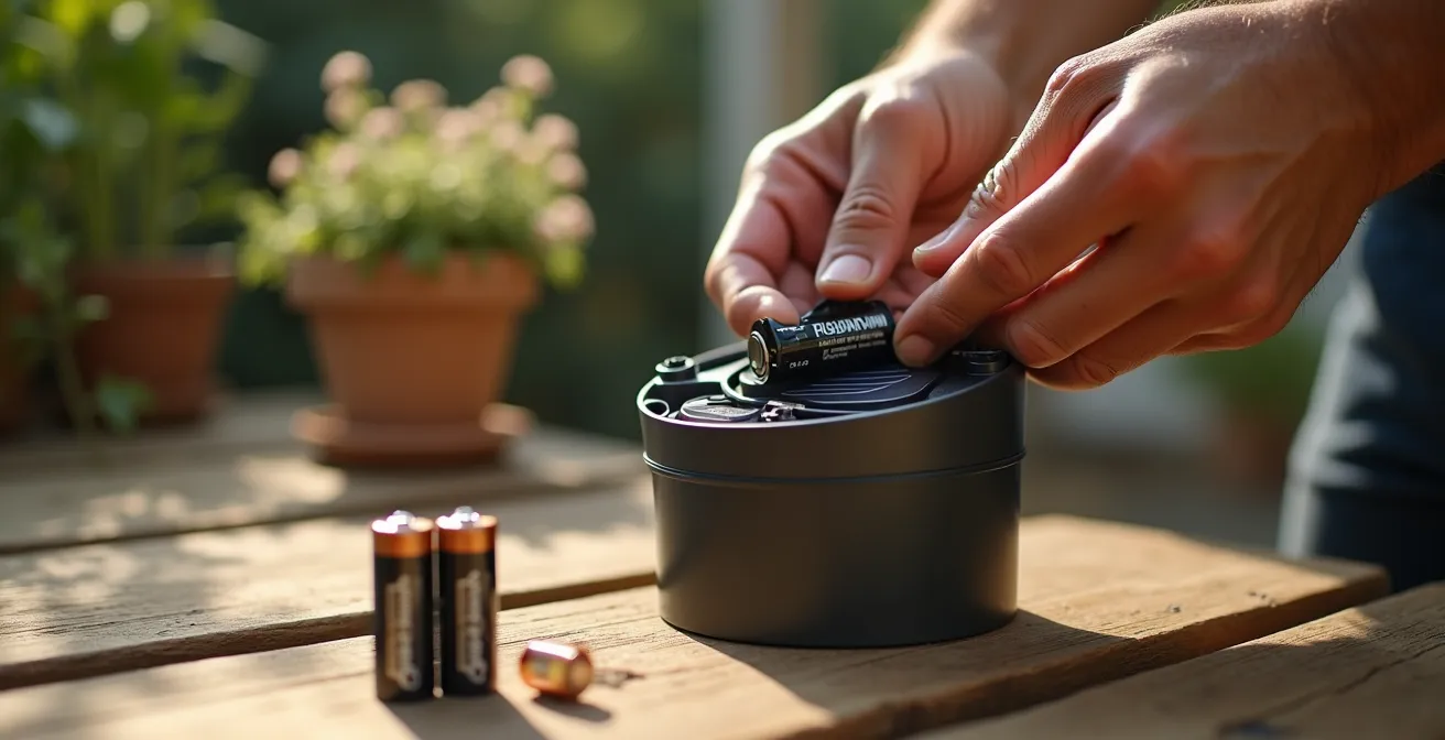 Manos expertas reemplazando una batería recargable en una lámpara solar de jardín, mostrando el proceso de mantenimiento