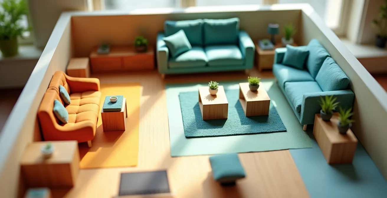 Vista cenital de un plano de vivienda con zonas de actividad marcadas y muebles modulares