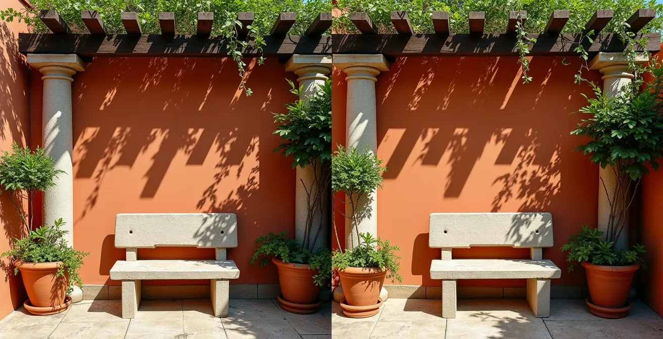 Collage de cuatro fotografías del mismo jardín tomadas a diferentes horas mostrando patrones de sombra