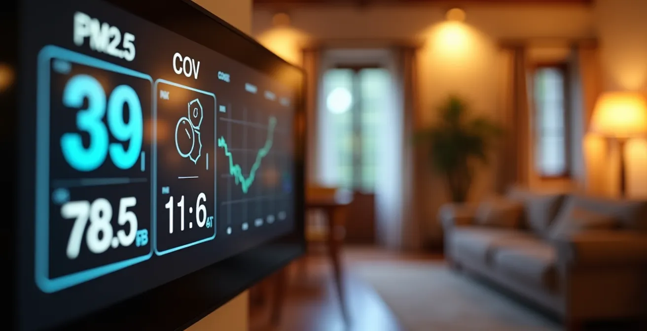 Monitor de calidad del aire mostrando mediciones en tiempo real en un salón español