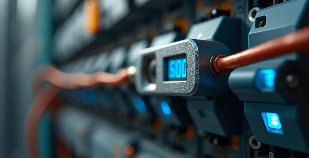 Detalle macro de pinza amperimétrica instalada en cuadro eléctrico midiendo consumo en tiempo real