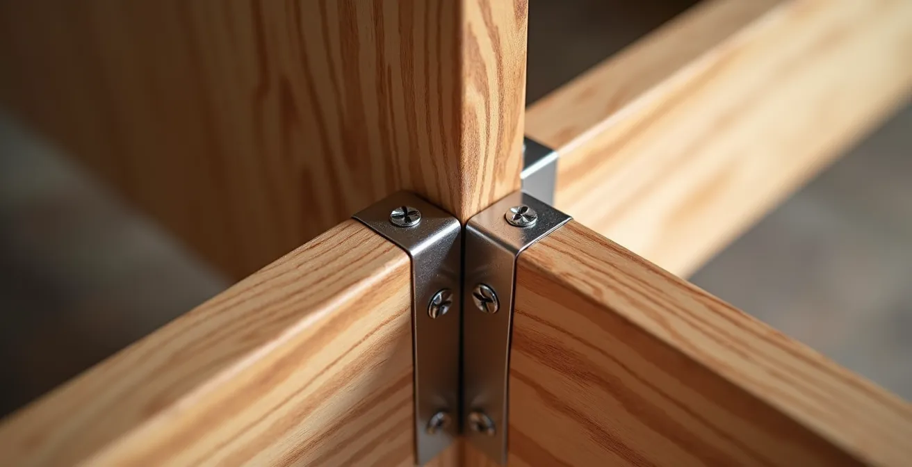 Detalle de un sistema de unión de un mueble modular, mostrando la calidad de la madera y los herrajes que garantizan su durabilidad y evolución.