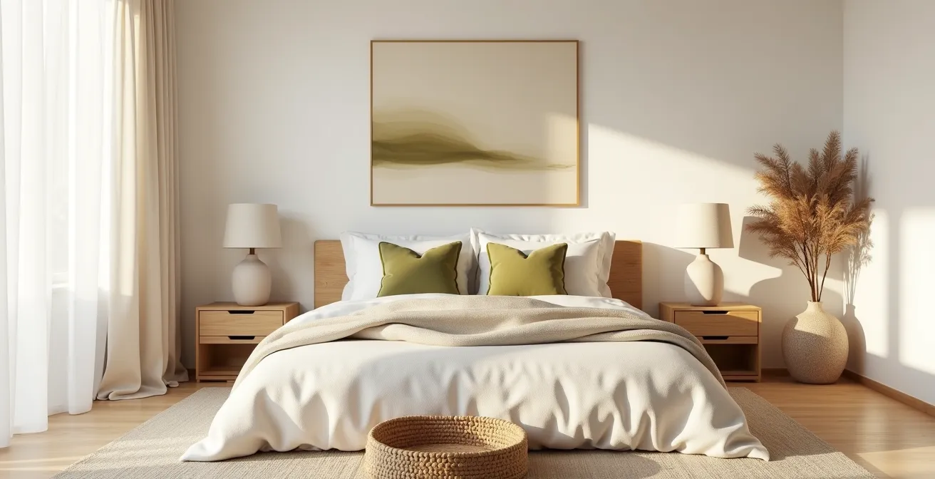 Dormitorio con paleta de colores neutros mediterráneos incluyendo blancos rotos, beiges y madera clara