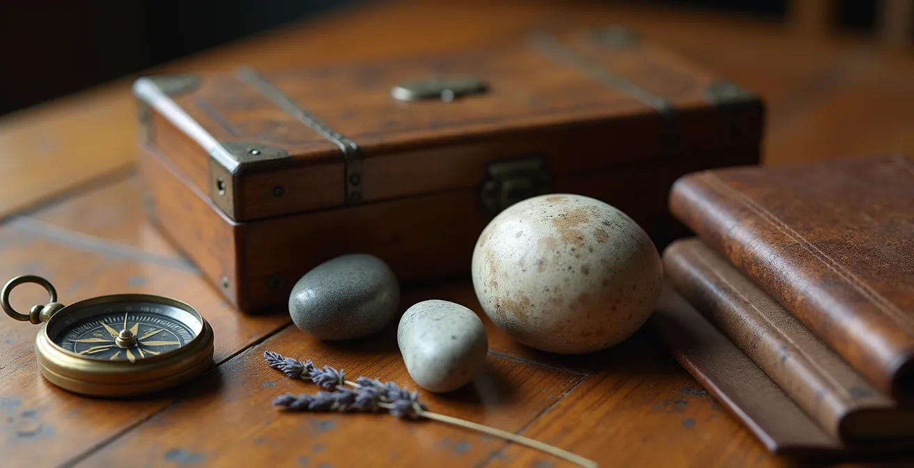 Mesa con objetos personales cuidadosamente seleccionados que cuentan una historia